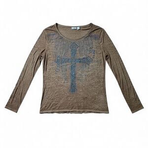 Cato Long Sleeve Cross Print Sparkle Embellished Burnout Tree Black Brown  XL